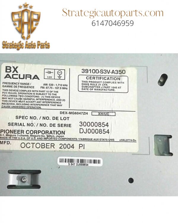 2005 Acura MDX Stereo Radio 6 Disc W Code 39100-S3V-A350 Carbon Fiber